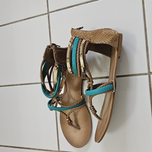 Aldo zipper sandalsWomen’s Brown and Turquoise Egyptian Roman Style Strappy Sand - Picture 8 of 8